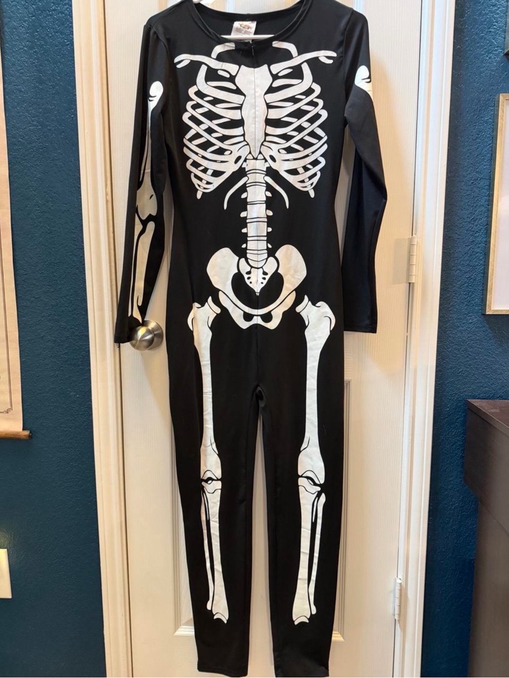 Size M - Black Skeleton Jumpsuit Costume with White Bone Print